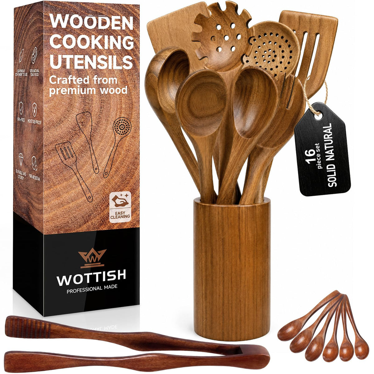 Wooden Spoons for Cooking - 8-Piece Wooden Kitchen Utensil Set made of Natural Solid Wood Material-Includes Spoons,Spatulas,Ladles,Mixing Spoon and Utensil Holder,Valentine's Day Gifts