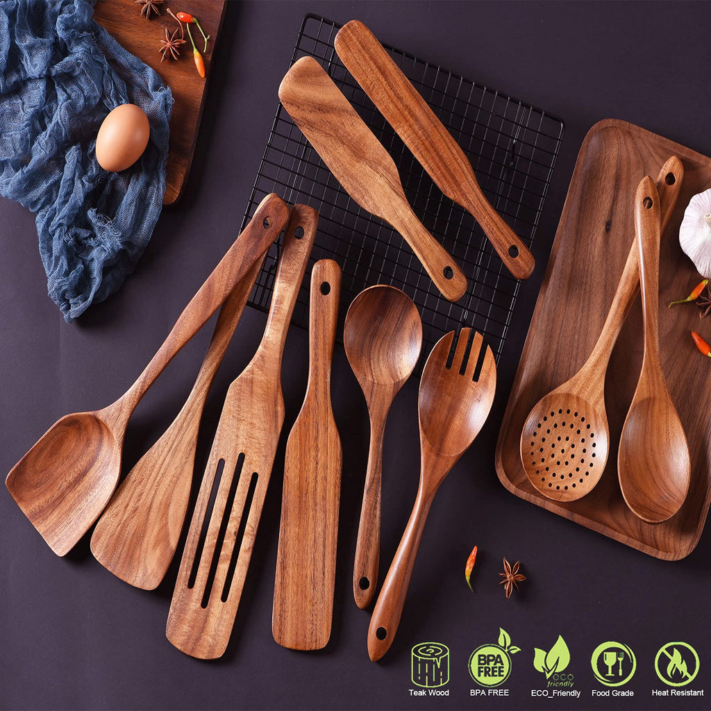Gudamaye 13 inch Long Wooden Spoons for Cooking, 9 PCS Natural Teak Wooden Kitchen Utensil Set with Utensils Holder Made of Australia Camphor Laurel Wood，Wooden Utensils for Cooking