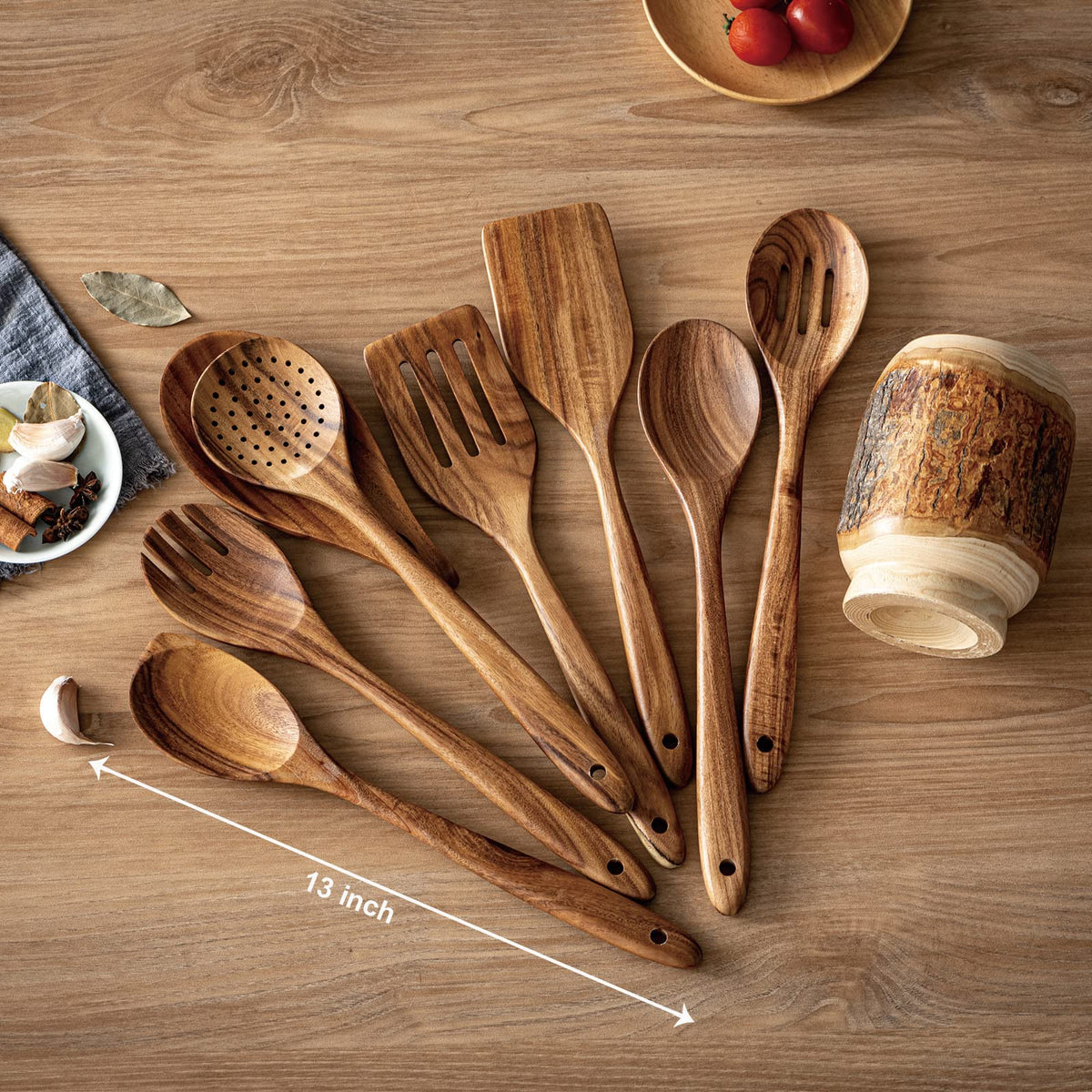 Gudamaye 13 inch Long Wooden Spoons for Cooking, 9 PCS Natural Teak Wooden Kitchen Utensil Set with Utensils Holder Made of Australia Camphor Laurel Wood，Wooden Utensils for Cooking