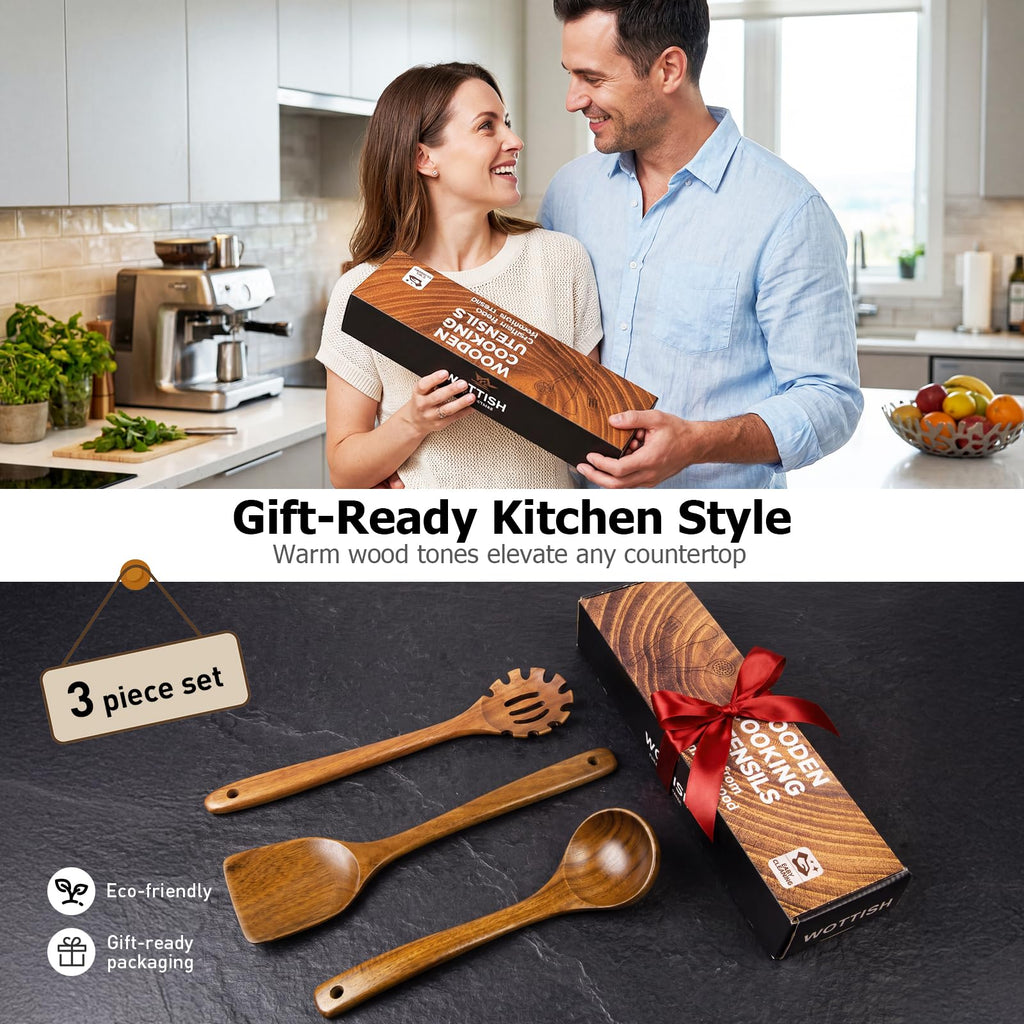 Wooden Spoons for Cooking - 8-Piece Wooden Kitchen Utensil Set made of Natural Solid Wood Material-Includes Spoons,Spatulas,Ladles,Mixing Spoon and Utensil Holder,Valentine's Day Gifts