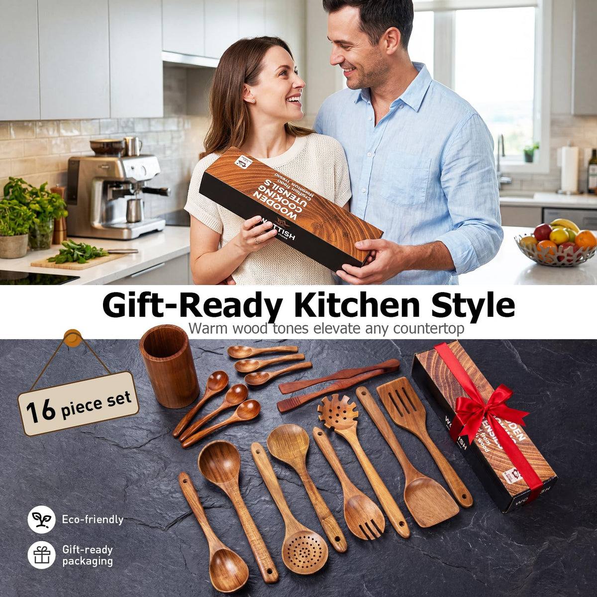Wooden Spoons for Cooking - 8-Piece Wooden Kitchen Utensil Set made of Natural Solid Wood Material-Includes Spoons,Spatulas,Ladles,Mixing Spoon and Utensil Holder,Valentine's Day Gifts