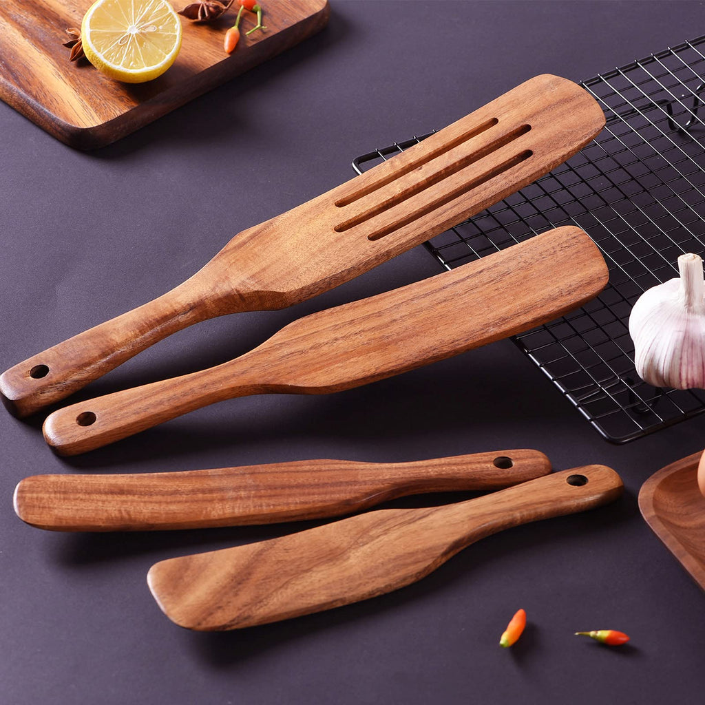 Gudamaye 13 inch Long Wooden Spoons for Cooking, 9 PCS Natural Teak Wooden Kitchen Utensil Set with Utensils Holder Made of Australia Camphor Laurel Wood，Wooden Utensils for Cooking
