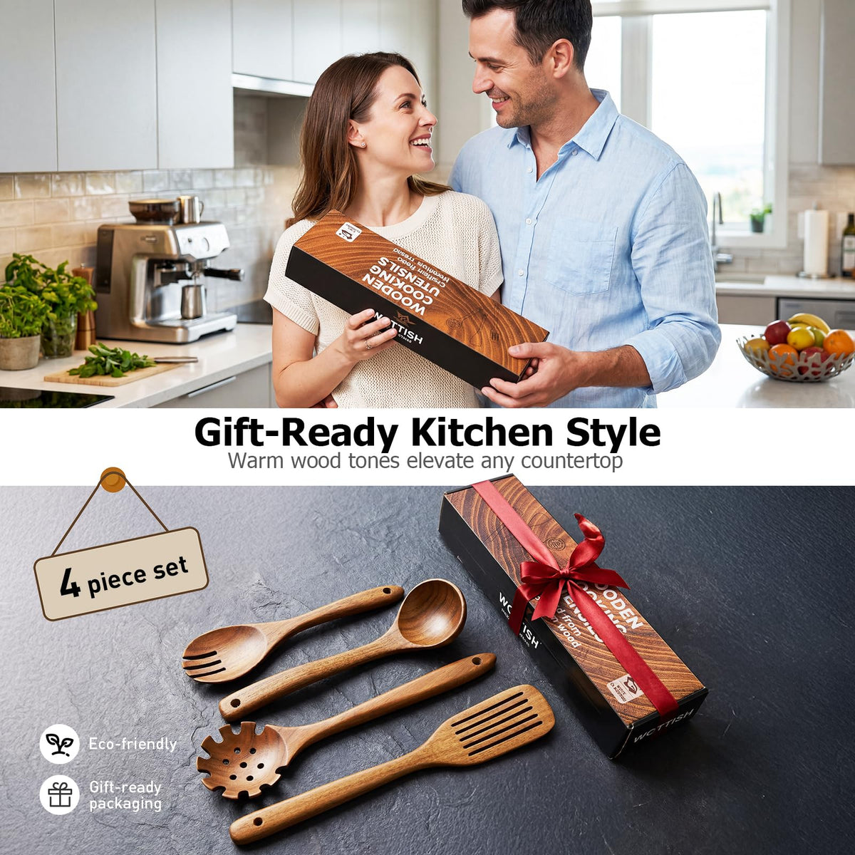 Wooden Spoons for Cooking - 8-Piece Wooden Kitchen Utensil Set made of Natural Solid Wood Material-Includes Spoons,Spatulas,Ladles,Mixing Spoon and Utensil Holder,Valentine's Day Gifts