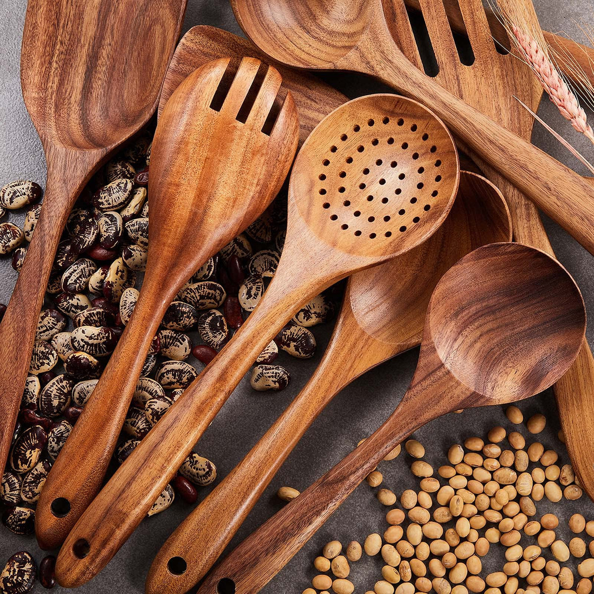 Gudamaye 13 inch Long Wooden Spoons for Cooking, 9 PCS Natural Teak Wooden Kitchen Utensil Set with Utensils Holder Made of Australia Camphor Laurel Wood，Wooden Utensils for Cooking
