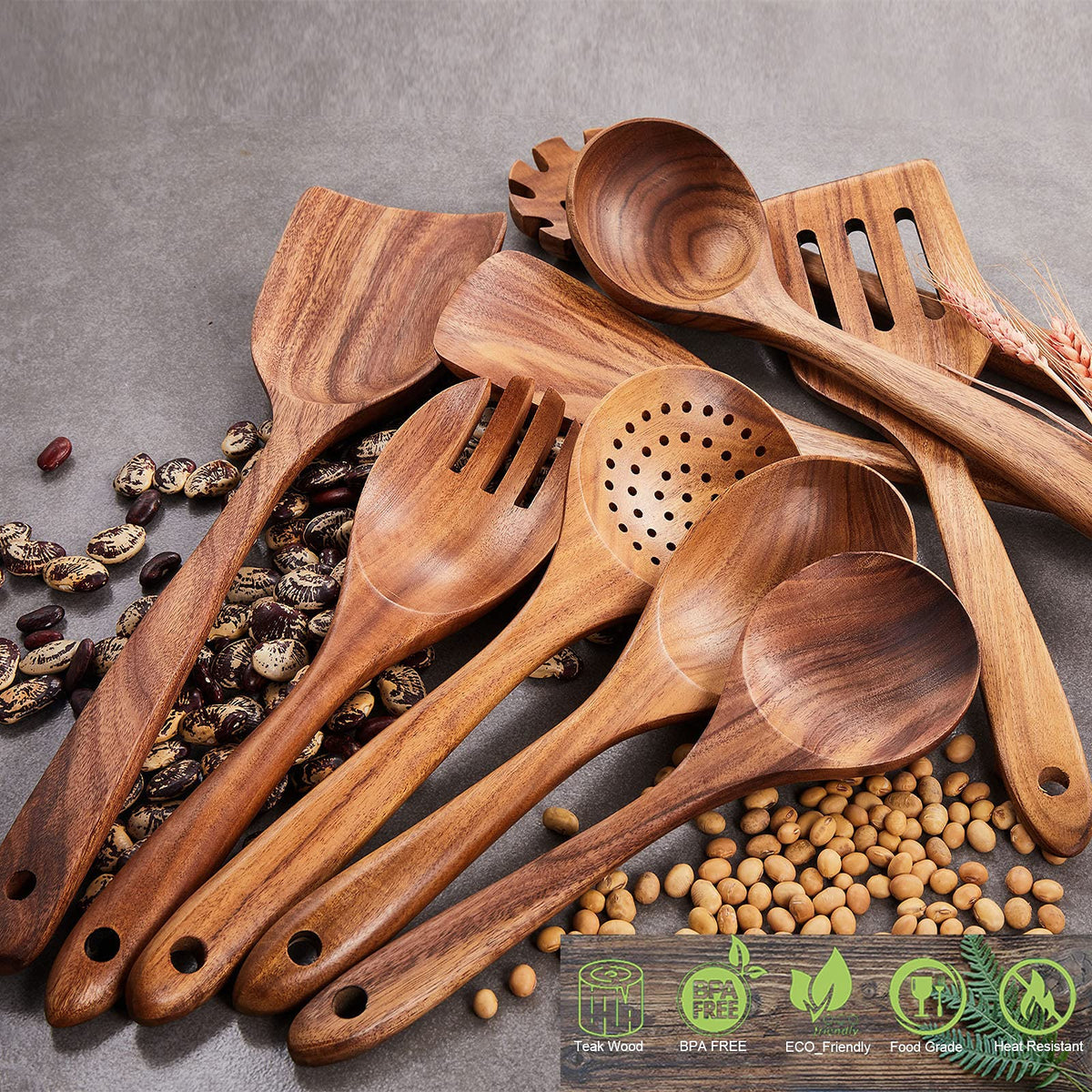 Gudamaye 13 inch Long Wooden Spoons for Cooking, 9 PCS Natural Teak Wooden Kitchen Utensil Set with Utensils Holder Made of Australia Camphor Laurel Wood，Wooden Utensils for Cooking