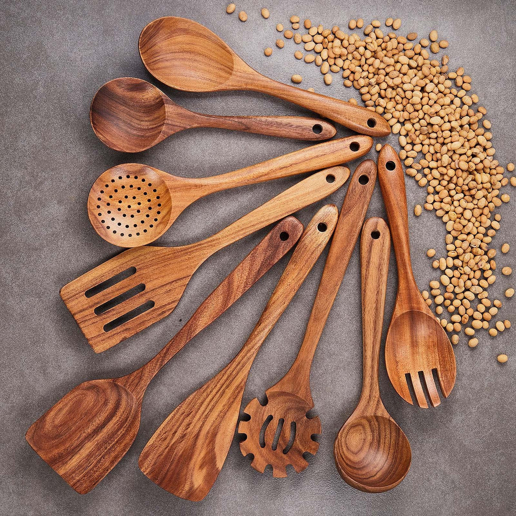 Gudamaye 13 inch Long Wooden Spoons for Cooking, 9 PCS Natural Teak Wooden Kitchen Utensil Set with Utensils Holder Made of Australia Camphor Laurel Wood，Wooden Utensils for Cooking