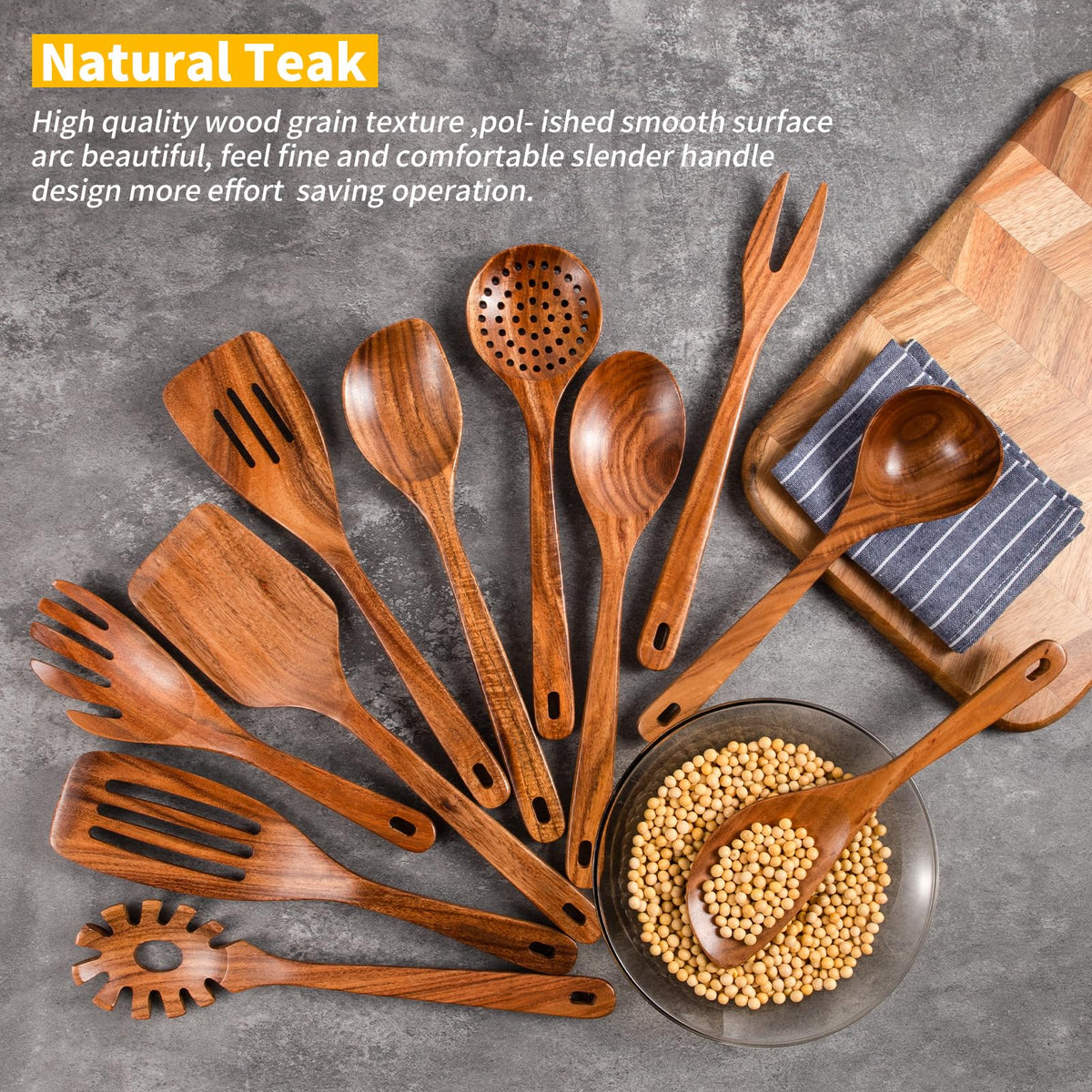 Gudamaye 13 inch Long Wooden Spoons for Cooking, 9 PCS Natural Teak Wooden Kitchen Utensil Set with Utensils Holder Made of Australia Camphor Laurel Wood，Wooden Utensils for Cooking