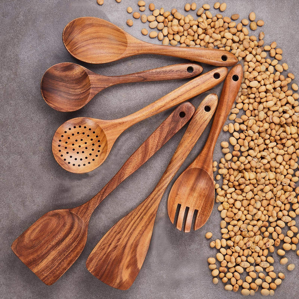 Gudamaye 13 inch Long Wooden Spoons for Cooking, 9 PCS Natural Teak Wooden Kitchen Utensil Set with Utensils Holder Made of Australia Camphor Laurel Wood，Wooden Utensils for Cooking