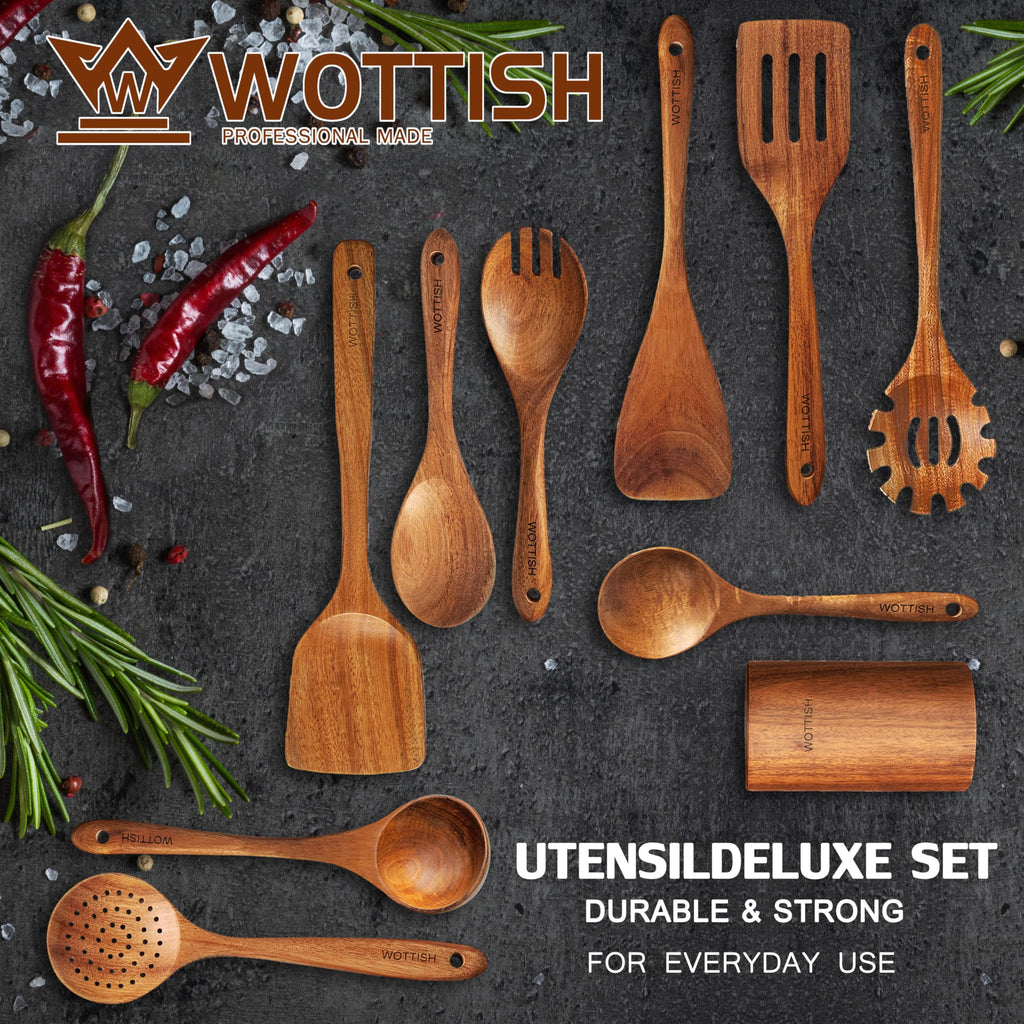 Wooden Spoons for Cooking - 8-Piece Wooden Kitchen Utensil Set made of Natural Solid Wood Material-Includes Spoons,Spatulas,Ladles,Mixing Spoon and Utensil Holder,Valentine's Day Gifts