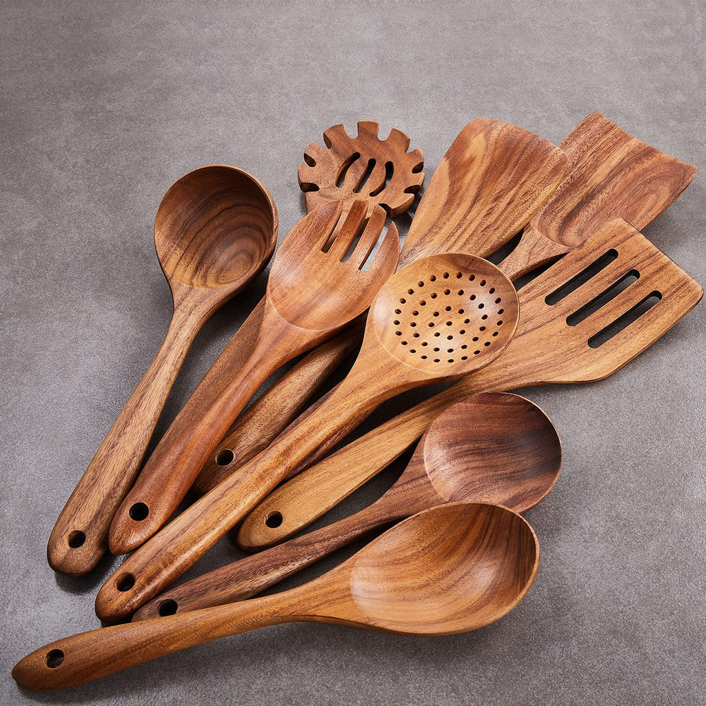 Gudamaye 13 inch Long Wooden Spoons for Cooking, 9 PCS Natural Teak Wooden Kitchen Utensil Set with Utensils Holder Made of Australia Camphor Laurel Wood，Wooden Utensils for Cooking