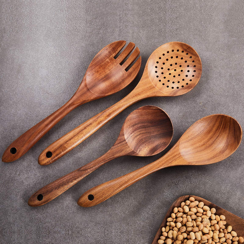 Gudamaye 13 inch Long Wooden Spoons for Cooking, 9 PCS Natural Teak Wooden Kitchen Utensil Set with Utensils Holder Made of Australia Camphor Laurel Wood，Wooden Utensils for Cooking