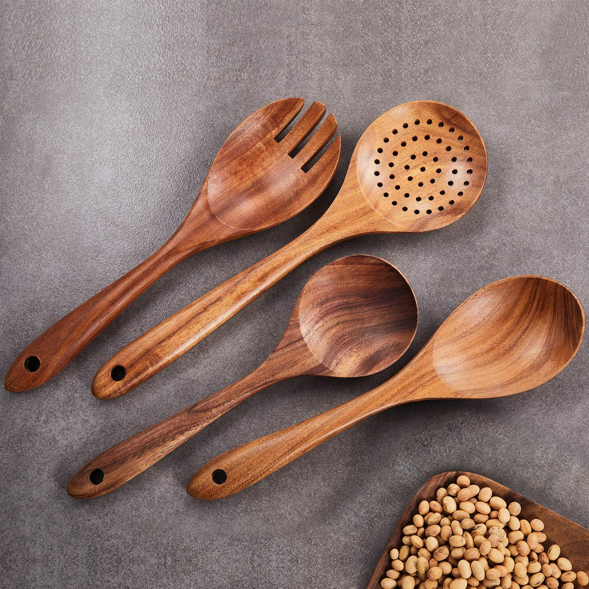 Gudamaye 13 inch Long Wooden Spoons for Cooking, 9 PCS Natural Teak Wooden Kitchen Utensil Set with Utensils Holder Made of Australia Camphor Laurel Wood，Wooden Utensils for Cooking