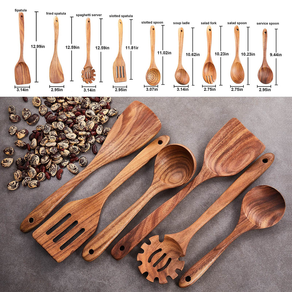 Gudamaye 13 inch Long Wooden Spoons for Cooking, 9 PCS Natural Teak Wooden Kitchen Utensil Set with Utensils Holder Made of Australia Camphor Laurel Wood，Wooden Utensils for Cooking