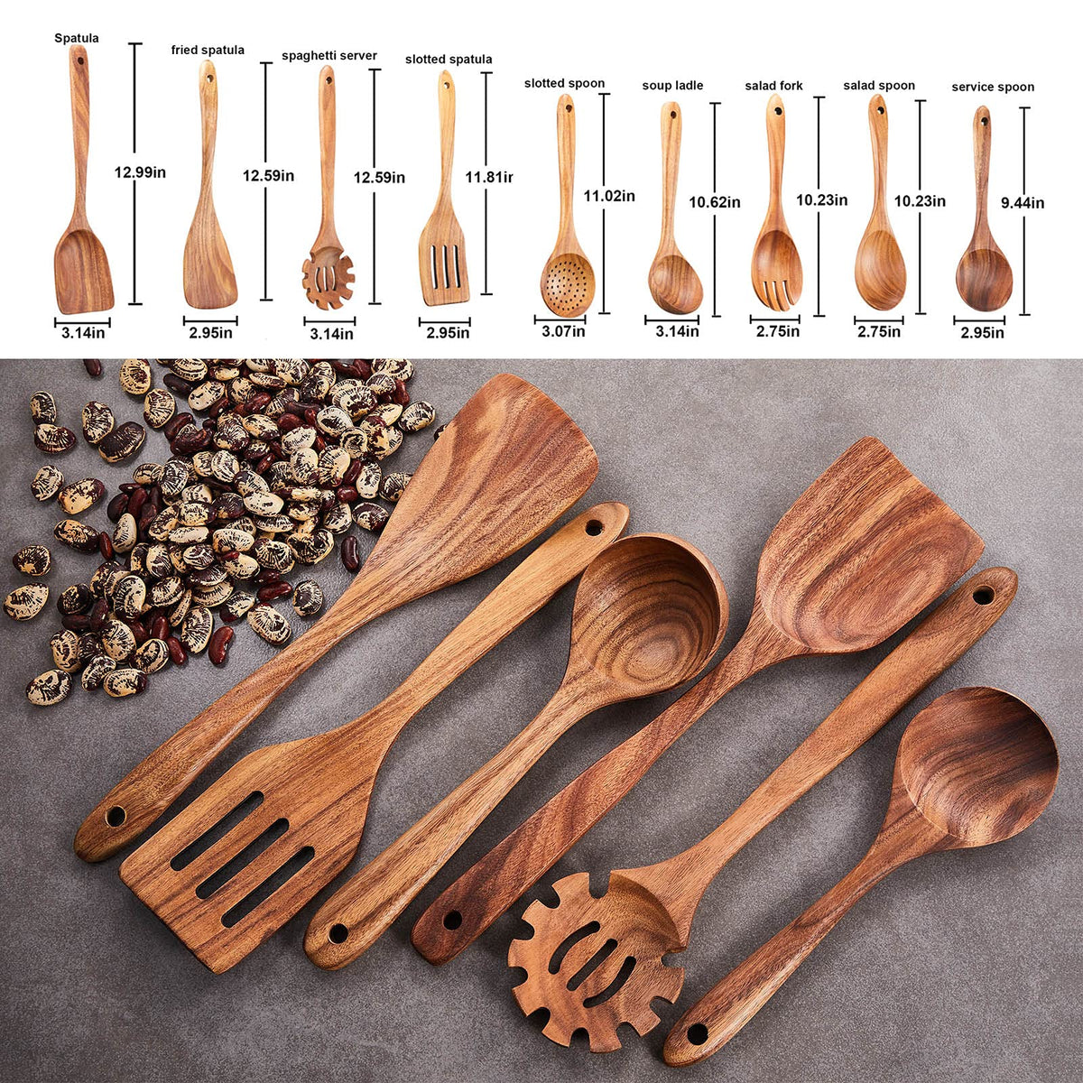 Gudamaye 13 inch Long Wooden Spoons for Cooking, 9 PCS Natural Teak Wooden Kitchen Utensil Set with Utensils Holder Made of Australia Camphor Laurel Wood，Wooden Utensils for Cooking